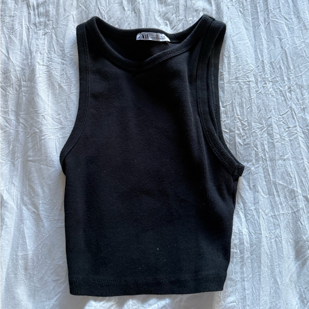 Zara Chic Black Ribbed Cropped Tank Top